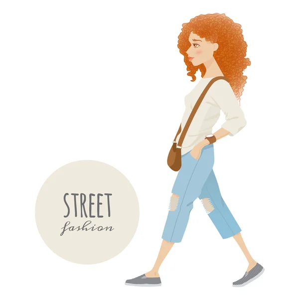 Moda di strada. Illustrazione vettoriale con giovane ragazza — Vettoriale Stock