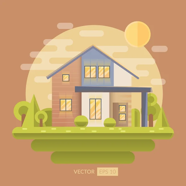 Ilustração vetorial plana com casa e jardim — Vetor de Stock