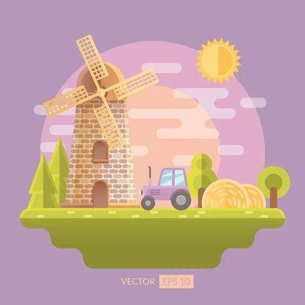 Illustration vectorielle plate avec moulin et tracteur — Image vectorielle