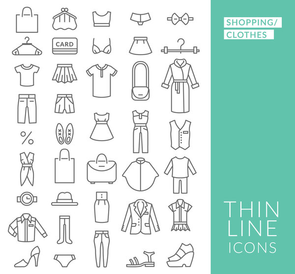 Набор с тонкой линии иконки на тему шопинга и одежды
