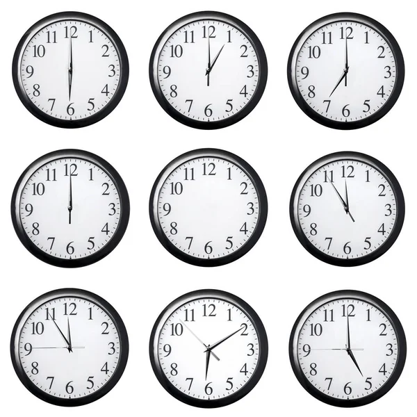 Set Black Watch Dials Arrows Showing Different Times Isolated White — Stock Photo, Image