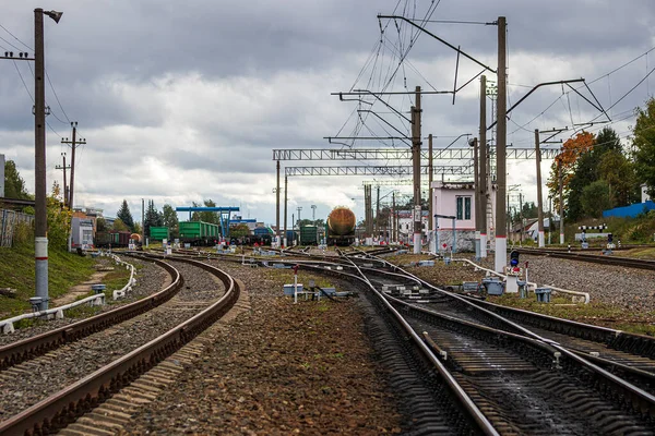 Üzerinde Raylar Yük Arabaları Karabinalar Olan Demiryolu — Stok fotoğraf