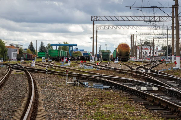 Railroad with rails and freight wagons and cisserines on them.