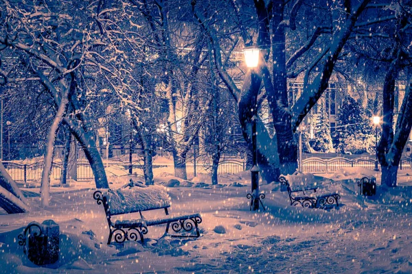 Parco Notturno Invernale Con Lanterne Panchine Marciapiedi Alberi Innevati — Foto Stock