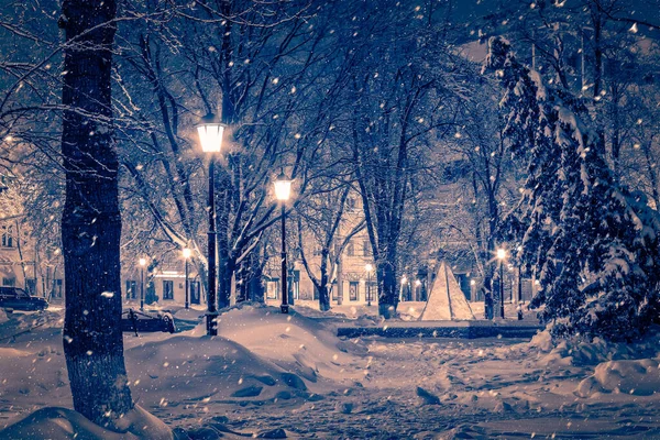 Parque Nocturno Invierno Con Farolillos Fuente Pavimento Árboles Cubiertos Nieve —  Fotos de Stock