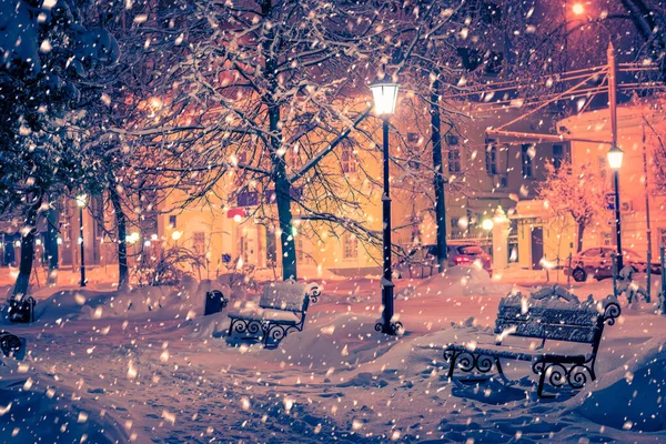 Winternachtspark Mit Laternen Bänken Bürgersteig Und Schneebedeckten Bäumen Bei Starkem — Stockfoto