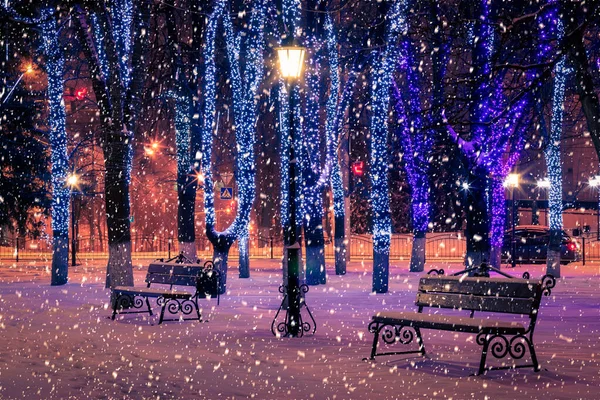 Parc Nocturne Hiver Avec Lanternes Bancs Décorations Noël Fortes Chutes — Photo