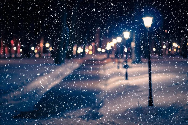 Photo Floue Parc Nocturne Hiver Avec Lanternes Trottoir Arbres Couverts — Photo