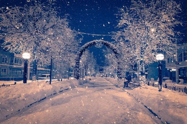 stock image Winter night park with lanterns and Christmas decorations in heavy snowfall.