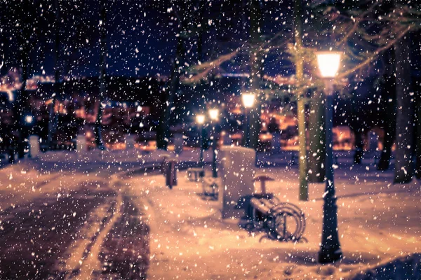 Foto Azulada Parque Noturno Inverno Com Lanternas Pavimento Árvores Cobertas — Fotografia de Stock