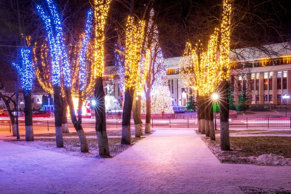 Зимний Парк Ночью Рождественскими Украшениями Огнями Тротуаром Покрытым Снегом Деревьями — стоковое фото