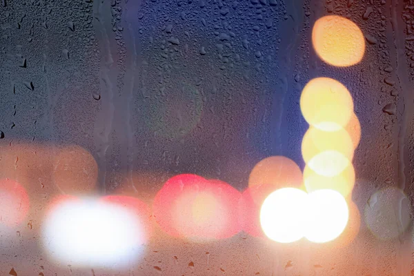 Night City Lights Car Headlights Rainy Glass Rain Bad Wet — Stock Photo, Image