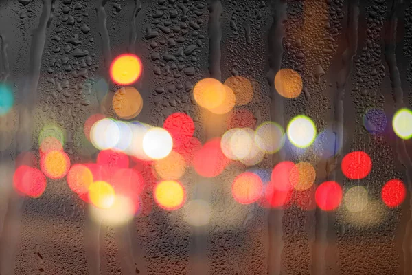 Éjszakai Fények Autó Fényszórók Esős Üvegen Keresztül Eső Rossz Nedves — Stock Fotó