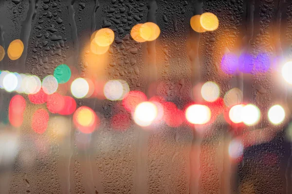 Night City Lights Car Headlights Rainy Glass Rain Bad Wet — Stock Photo, Image