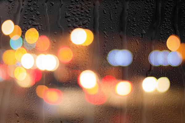 Éjszakai Fények Autó Fényszórók Esős Üvegen Keresztül Eső Rossz Nedves — Stock Fotó