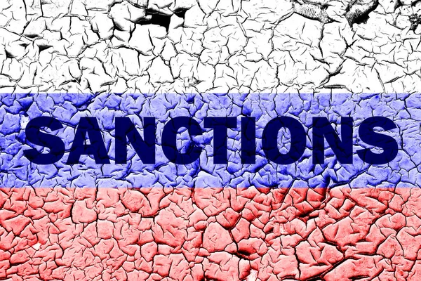 Bandeira Federação Russa Uma Parede Rachada Com Palavras Sanções Conceito — Fotografia de Stock
