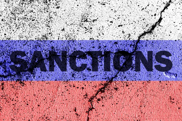 Прапор Російської Федерації Зламаній Бетонній Стіні Словами Sanctions Концепція Санкцій — стокове фото