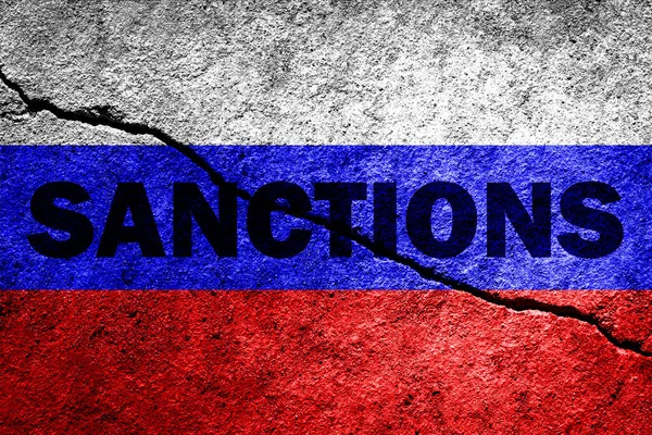 Прапор Російської Федерації Зламаній Бетонній Стіні Словами Sanctions Концепція Санкцій — стокове фото