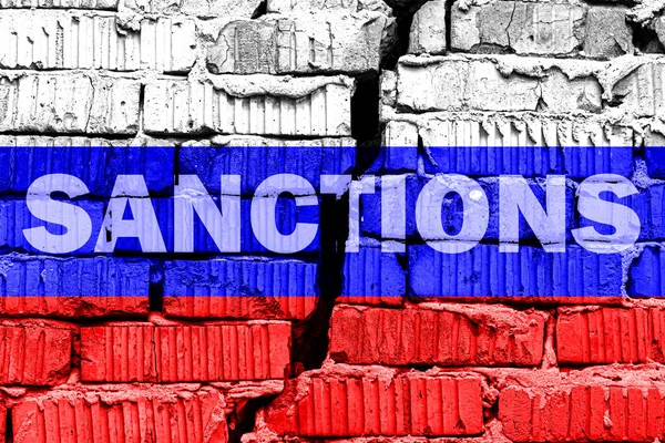 Flag Russian Federation Cracked Brick Wall Words Sanctions Concept Sanctions — Stock Photo, Image