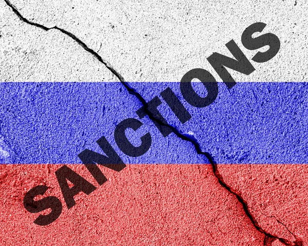 Прапор Російської Федерації Зламаній Бетонній Стіні Словами Sanctions Концепція Санкцій — стокове фото