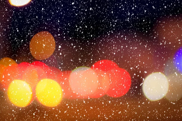 Falling Snow Background Blurry Lights Headlights Cars Night City Winter — Stock Photo, Image