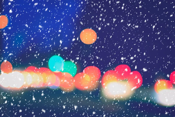 Falling Snow Background Blurry Lights Headlights Cars Night City Winter — Stock Photo, Image