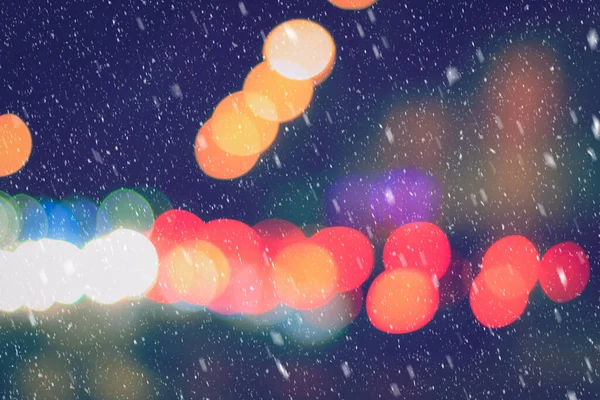 Falling Snow Background Blurry Lights Headlights Cars Night City Winter — Stock Photo, Image