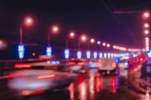 Blurry Lights Moving Cars Lanterns Reflecting Wet Asphalt Night City — Stock Photo, Image