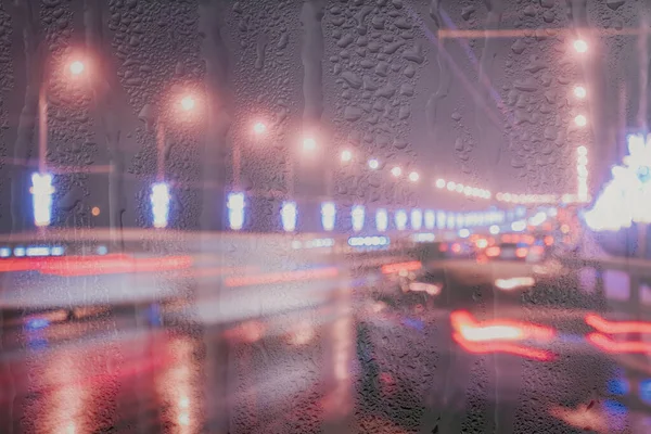 Blurry Lights Moving Cars Lanterns Reflecting Wet Asphalt Night City — Stock Photo, Image