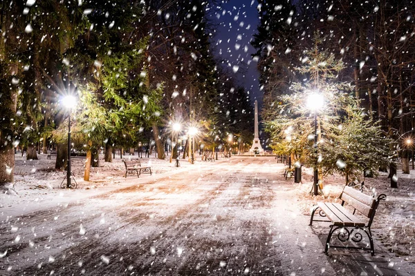 Schneefall Einem Nächtlichen Winterpark Mit Weihnachtsdekoration Lichtern Und Schneebedecktem Bürgersteig — Stockfoto