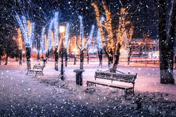 Schneefall Einem Winterpark Der Nacht Mit Weihnachtsdekoration Lichtern Schneebedecktem Bürgersteig — Stockfoto