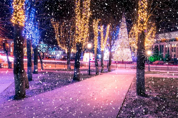 Snowfall Winter Park Night Christmas Decorations Lights Pavement Covered Snow — Stock Photo, Image