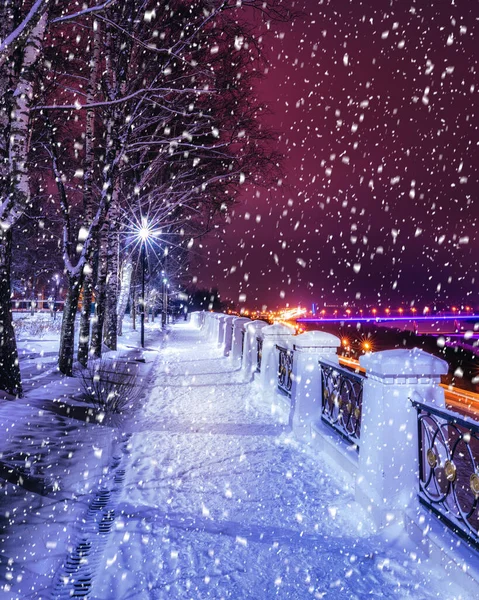 Nieve Parque Invierno Por Noche Con Linternas Vista Carretera Con — Foto de Stock