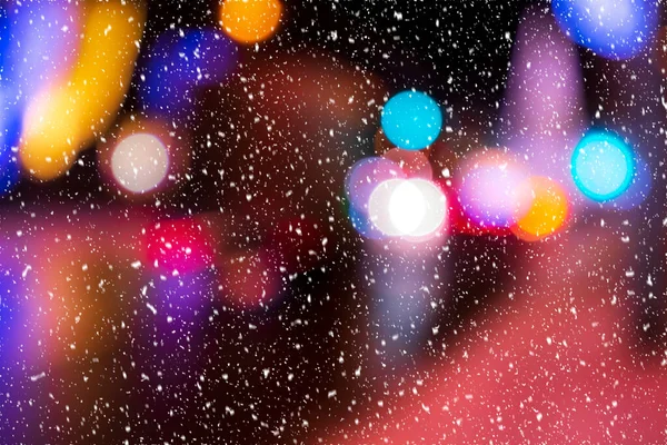 Розмиті Вогні Фари Автомобілів Ліхтарів Нічному Місті Снігопаді Абстрактний Яскравий — стокове фото