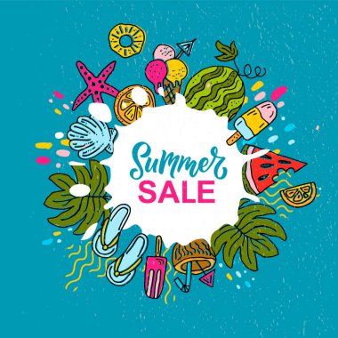 El çizimi yaz sitesi afişi. Dondurma, güneş, sahil, deniz, karpuz, kokteyl. Poster, kart, web sitesi konsepti. Yaz etiketi, logoti, rozet, ikon. Yaz logosu, afiş, broşür şürü