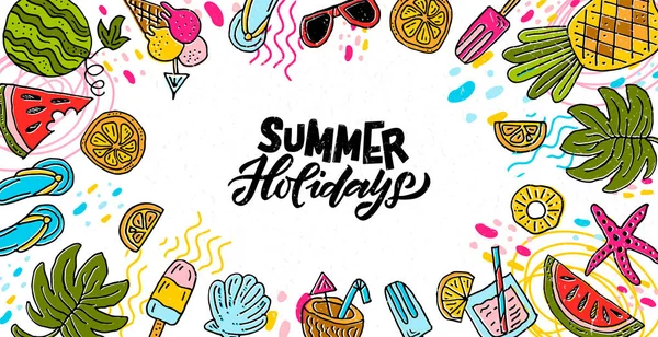 手は夏のサイトバナーをスケッチ。アイスクリーム、太陽、ビーチ、海、スイカ、カクテル。ポスター、カード、ウェブサイトのコンセプト。夏のラベル、ロゴ、バッジ、アイコン。夏のロゴ、バナー、チラシテンプレート — ストックベクタ