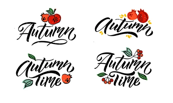 Autumn vector illustration with lettering typography of autumn. Autumn icon, badge, poster, banner with signature. Apple, leaves, pomergranate. Autumn template for postcard, invitation, card — Stock Vector