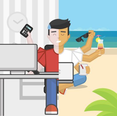 Stress panic multitasking office worker vs relax meditating freelancer, flat
