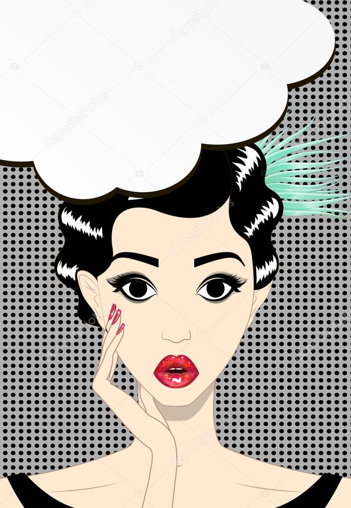 Thinking young brunette woman pop art, vector illustration