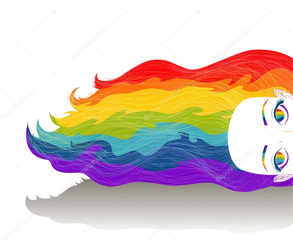 Girl with long rainbow color hair. Mind, creative