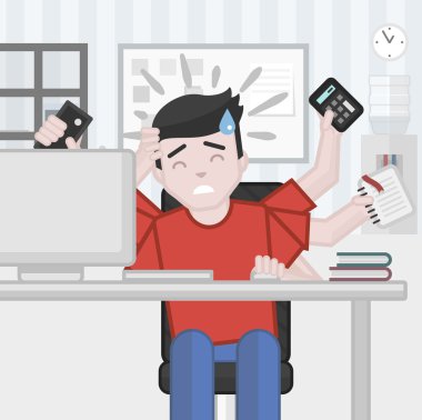 Stress panic multitasking office worker, deadline, flat clipart