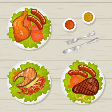 Barbekü, tavuk bacakları sosis ve sığır eti biftek ızgara
