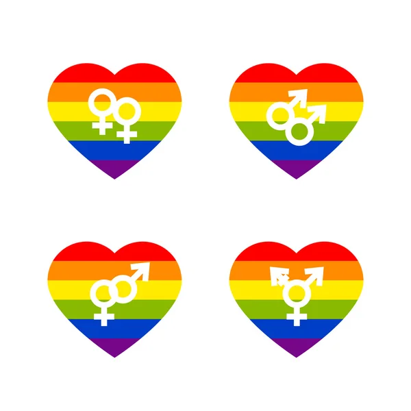 Σύμβολα ΛΟΑΤ, υπερηφάνεια καρδιές σε χρώματα του ουράνιου τόξου — Διανυσματικό Αρχείο