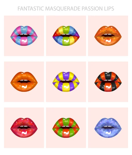 Fantastische set van 9 sexy gekleurde lippen erotische open mond, passie, carnaval, viering maskerade — Stockvector