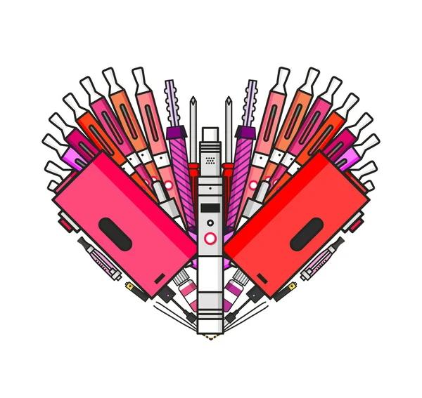 Párologtató és vaping kiegészítők illusztrációja a szív forma, vape szerelem, lapos vektor art — Stock Vector