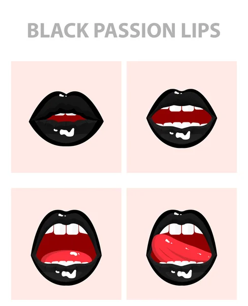 Uppsättning 4 sexiga öppna mun, tunga hängande, svarta erotiska förföriska läppar, passion — Stock vektor