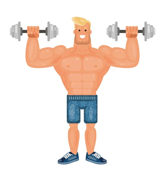 Beautiful pumped up bodybuilder man doing exercises with dumbbells and smiling, flat vector illustration — Stock Vector
