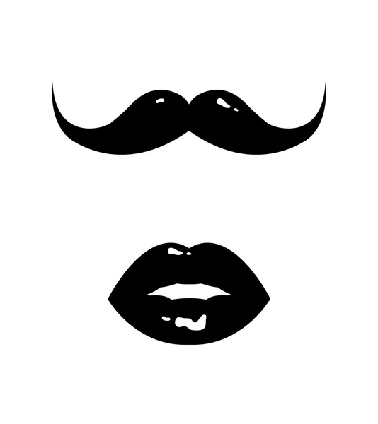 Conjunto de iconos vintage de bigote retro y labios femeninos, mr. y mrs. símbolos, ilustración vectorial monocromática — Vector de stock