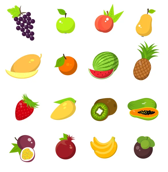 Fruit oogsten iconen set: druif, appel, perzik, peer, meloen, oranje, watermeloen, ananas, aardbei, mango, kiwi, papaya, passievruchten, granaat, banaan, mangosteen. — Stockvector