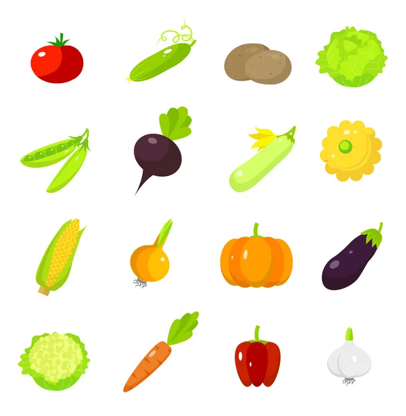 Növényi termés ikonok beállítása: paradicsom, uborka, burgonya, káposzta, borsó, répa, cukkini, squash, kukorica, hagyma, tök, padlizsán, karfiol, sárgarépa, paprika, fokhagyma — Stock Vector